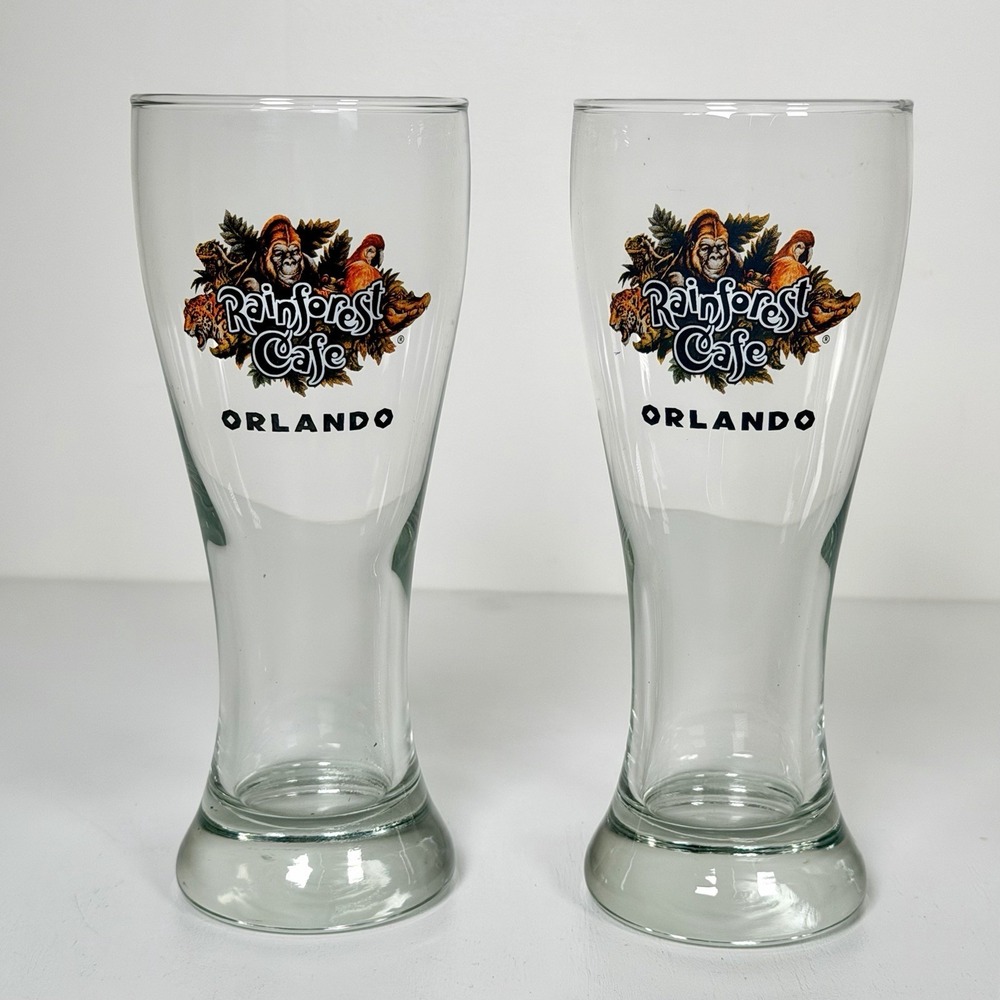 Rainforest Cafe Orlando FL Collectible Tall Pilsner Beer Glasses Set of 2